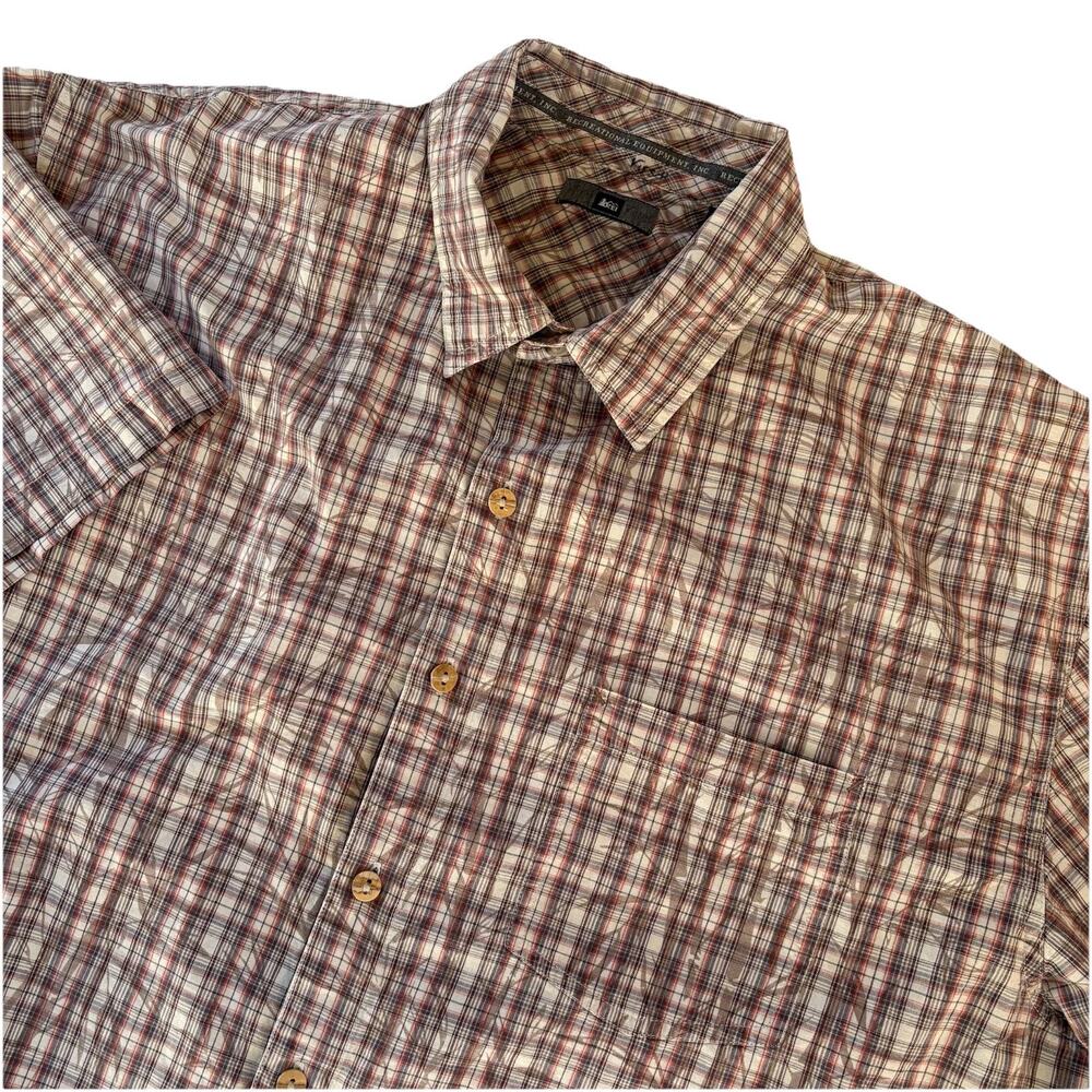 REI Beige Plaid Organic Cotton Short Sleeve Button Up Shirt Size XL Sustainable